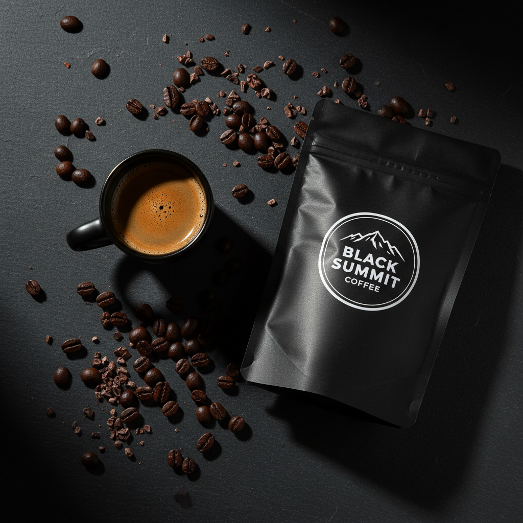 Flat lay of Cocoa Bold Blend dark roast beans, cocoa nibs and Black Summit Coffee bag on dark slate